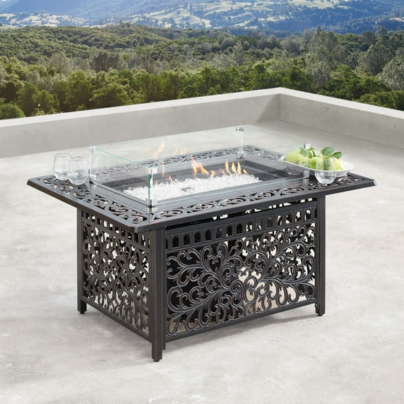 Outdoor Living and Style 48" Black Rectangular Propane Outdoor Fire Table with Wind Blockers