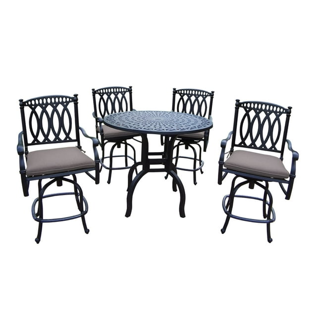 Outdoor Living and Style 5-Piece Black Round Outdoor Patio Bar Set - Gray Cushions
