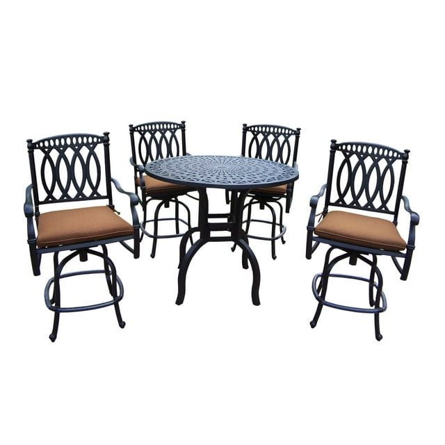 Outdoor Living and Style 5-Piece Charcoal Black Round Outdoor Patio Bar Set - Tan Brown Cushions