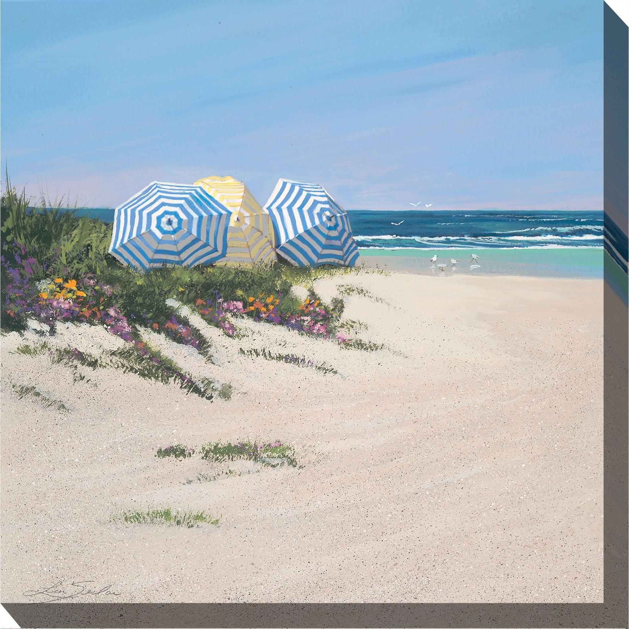 Blue and Yellow Beach Umbrellas Coastal Canvas Wall Art 24" Square