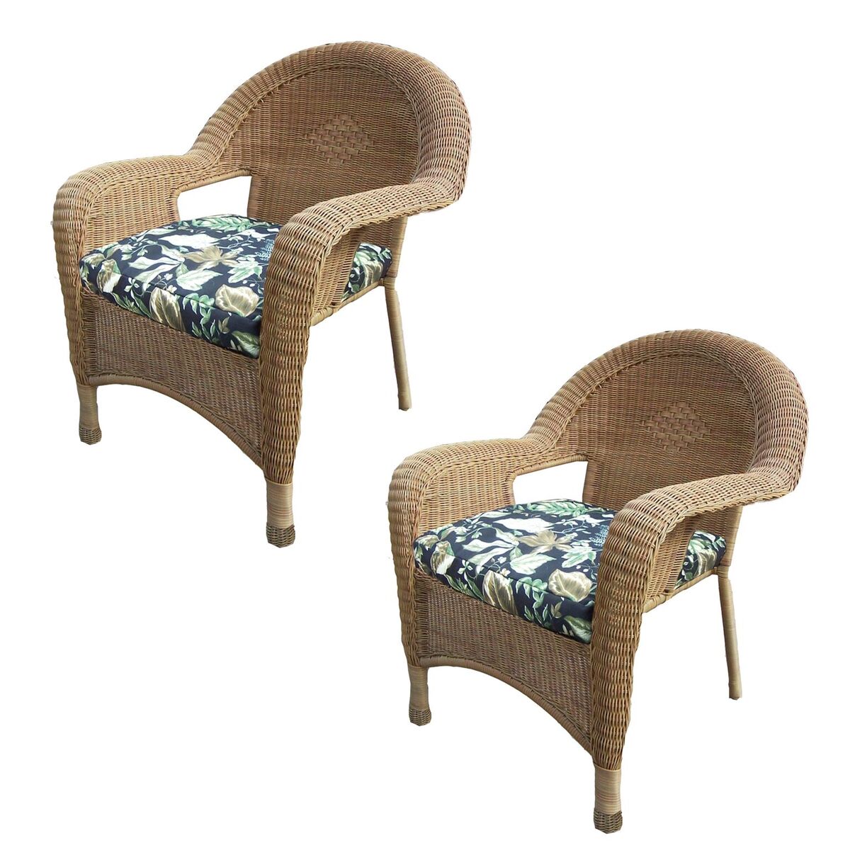 Outdoor Living and Style Pack of 2 Honey Brown Outdoor Patio Resin Wicker Armchairs - Blue Cushions - image 1 of 2