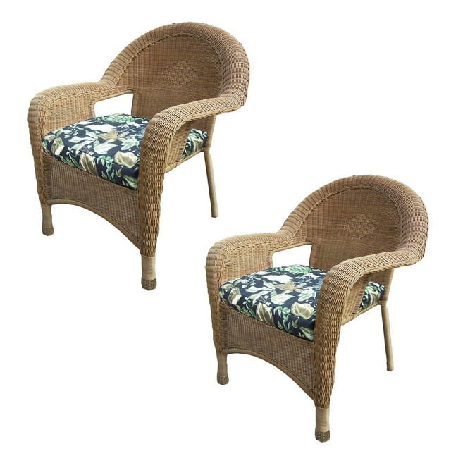 Outdoor Living and Style Pack of 2 Honey Brown Outdoor Patio Resin Wicker Armchairs - Blue Cushions