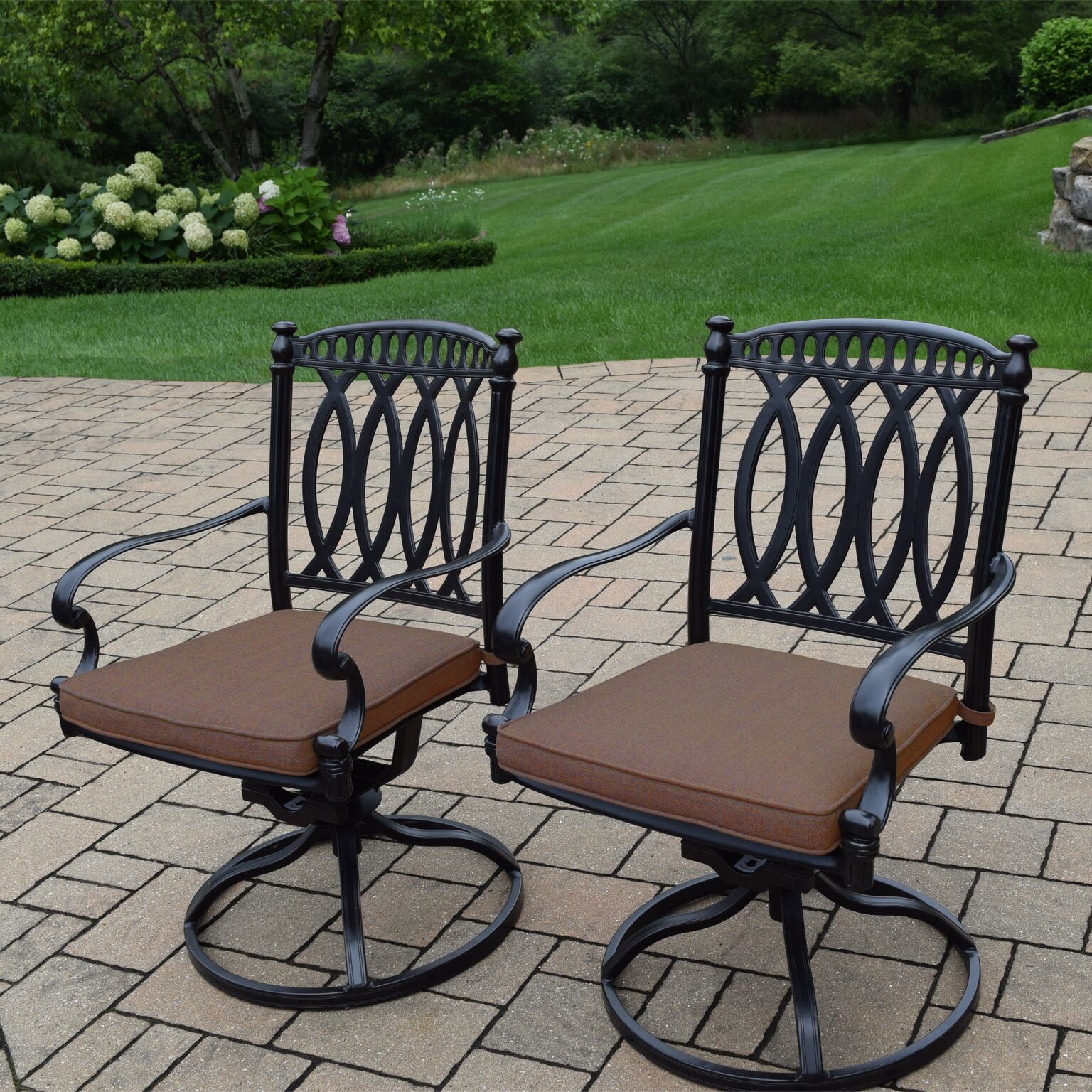 Outdoor Living and Style Set of 2 Black Swivel Rocker Outdoor Patio Chairs - Tan Brown Cushions - image 1 of 1