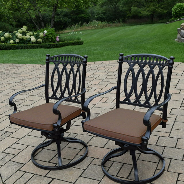 Outdoor Living and Style Set of 2 Black Swivel Rocker Outdoor Patio Chairs - Tan Brown Cushions