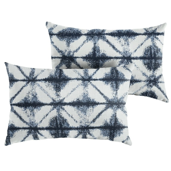 Set of 2 Sunbrella Geometric Indigo Blue and White Rectangular Indoor/Outdoor Lumbar Throw Pillows, 24"