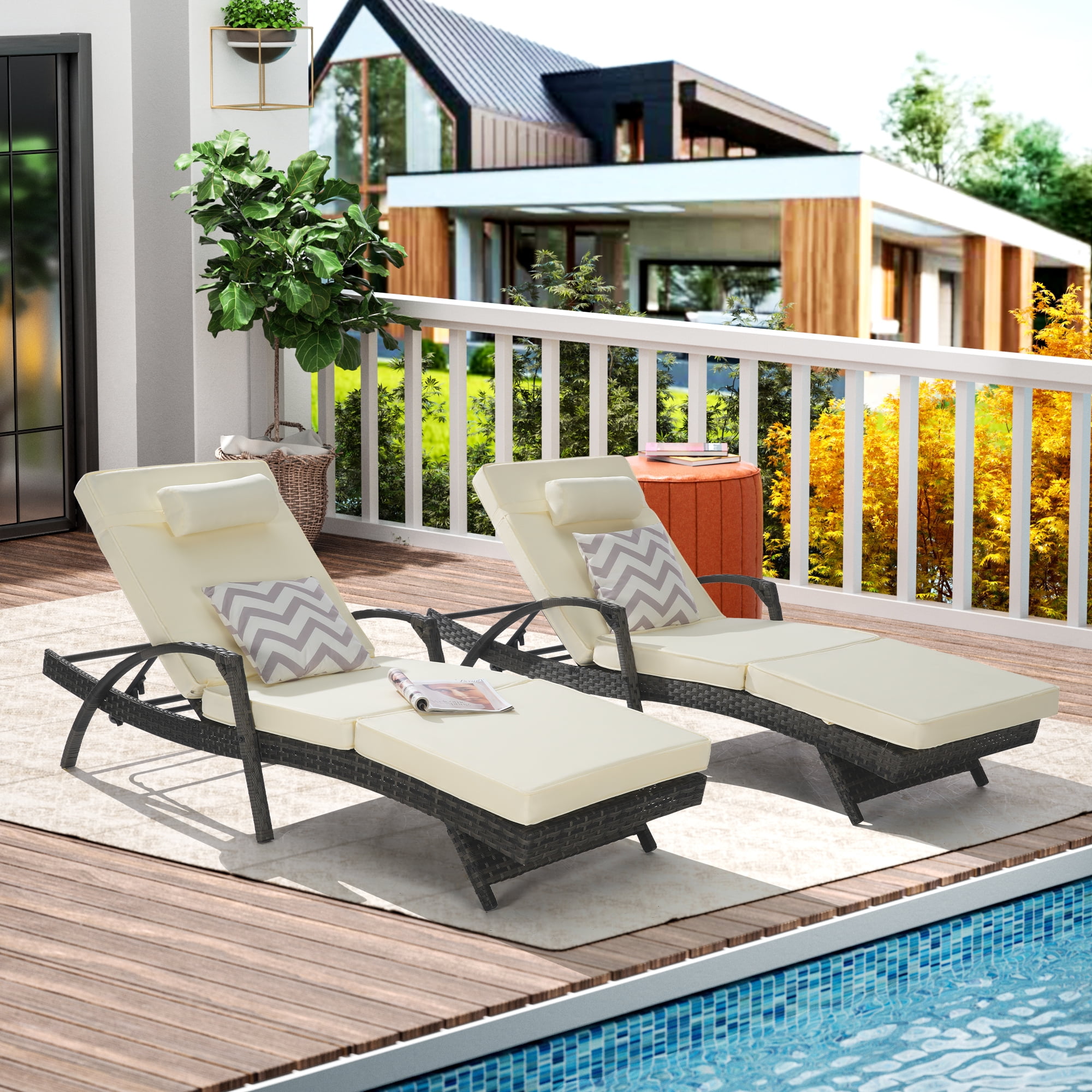 Outdoor Long Reclining Chair Set of 2,Wicker Lounge Chairs with Wicker Lounge Chairs with Cushions and Armrest,Reclining Lounge Chair Lawn Sunbathing Chairs Recliner Adjustable to 150°,Beige