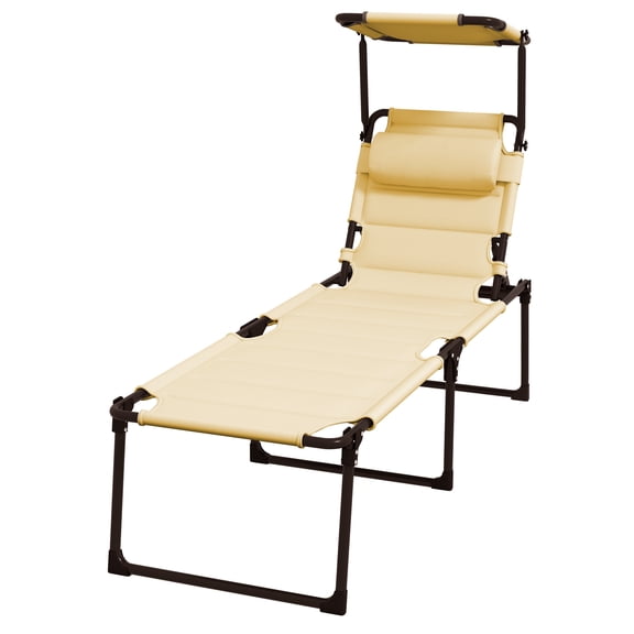 Outdoor Lounge Chair, 4 Position Adjustable Backrest, Folding, Cushioned w/ Sun Shade Roof & Pillow, Cream White
