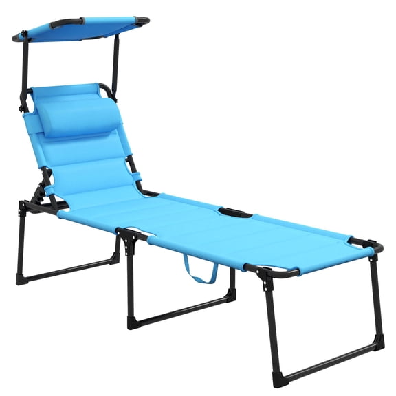 Outdoor Lounge Chair, Adjustable Folding Cushioned Chaise with Sunshade & Pillow for Beach Camping Hiking | Sky Blue | Steel