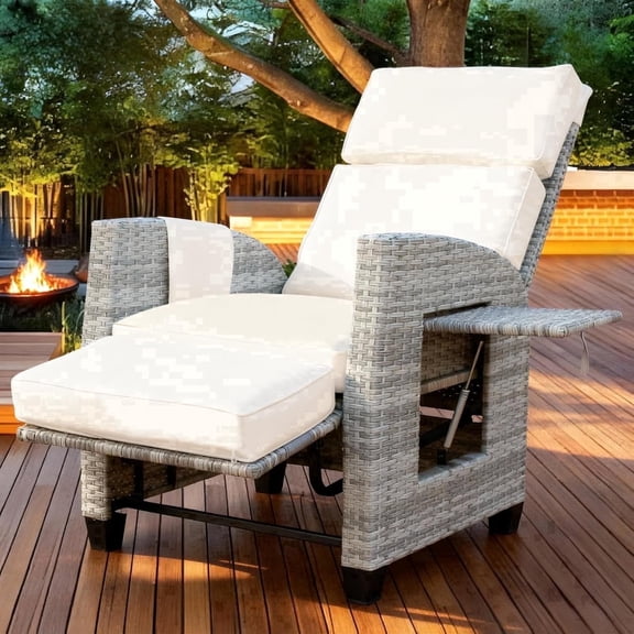 Outdoor Wicker Recliner Chair, 145 Patio Lounge Chair with 4" Cushion, Adjustable Backrest & Footrest, Flip-up Table & Side Pocket for Backyard, Deck, Balcony, Terrace, Poolside