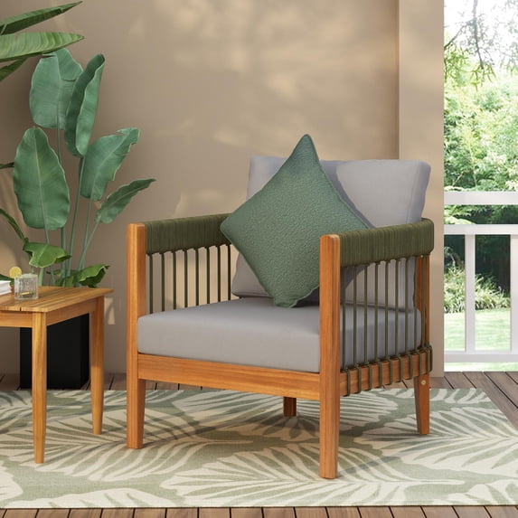 Outdoor Lounge Chair - Boho Acacia Wood with Handwoven Rope, Curved Back & Removable Water-Resistant Cushions for Porch | Acacia Wood | Waterproof Fabric