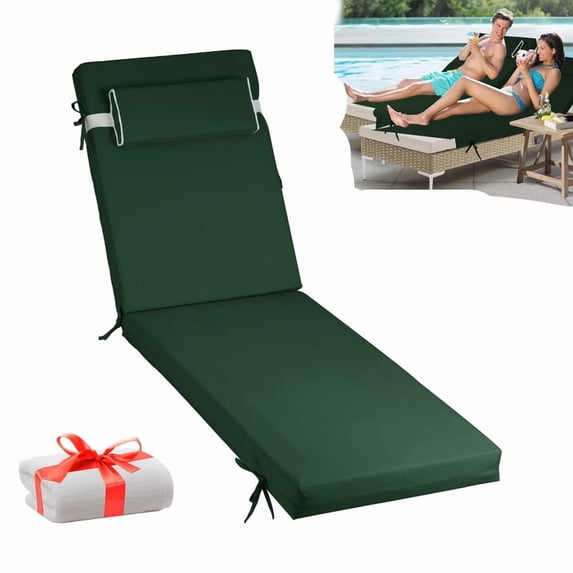 Outdoor Lounge Chair Cushions, 72×21×3in High-Density Foam Chair Cushion with Ties and Pillow, Anti-fading Patio Chaise Lounge Cushions for Pool & Beach(1pc, Dark green)