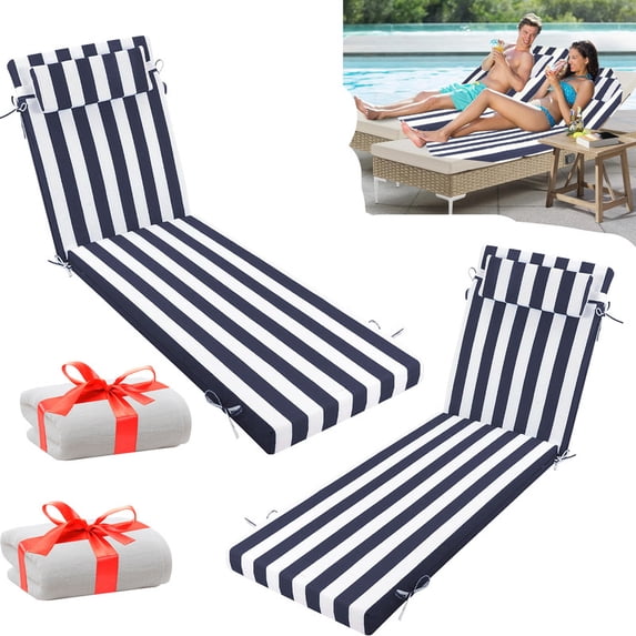 Outdoor Lounge Chair Cushions, 72×21×3in High-Density Foam Chair Cushion with Ties and Pillow, Anti-fading Patio Chaise Lounge Cushions for Pool & Beach(2pc, Navy blue white stripes)