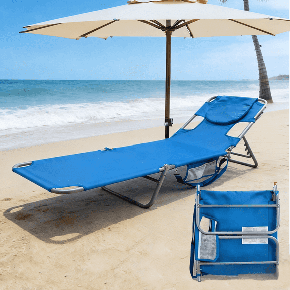 Beach Lounge Chair, Foldable & Portable Tanning Recliner, Camping Cot for Pool, Patio, Blue