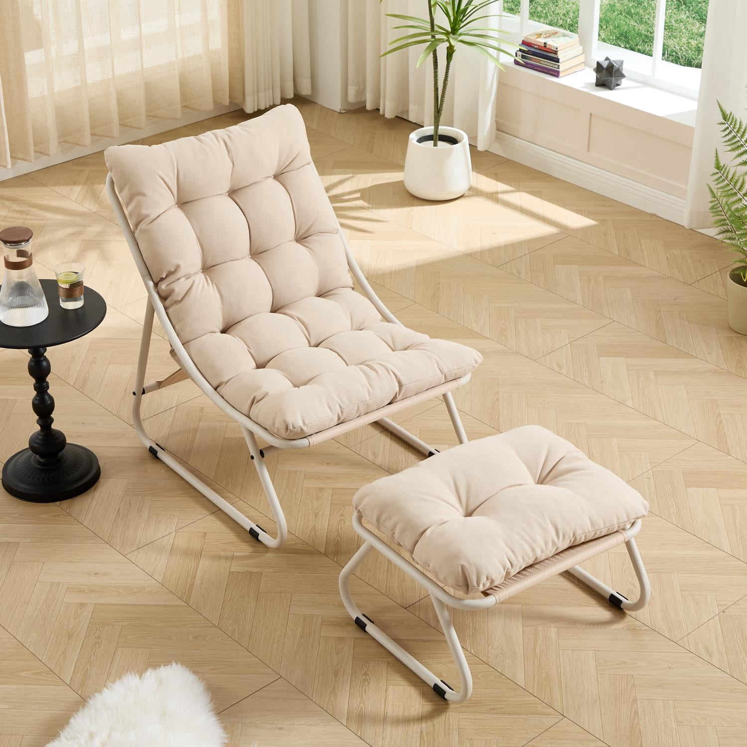 Outdoor Lounge Chair with Ottoman, Patio Sling Recliner with Puffy Cushion, Comfy Chaise Lounge with Foot Stool for Patio, Pool, Backyard, Beige/Beige