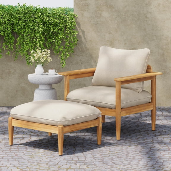 Outdoor Lounge Chair & Ottoman Set, Natural Rustic Acacia Wood Patio | Light Teak | Solid Back