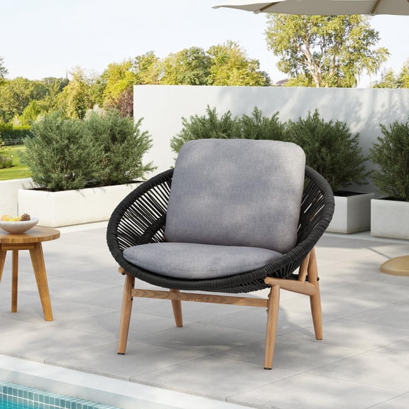 Outdoor Lounge Chair, Papasan Style with Grey Cushion, Dark Grey Wicker and Iron Frame, Water-Resistant Fabric for Outdoor Patio Garden Balcony, Single Chair