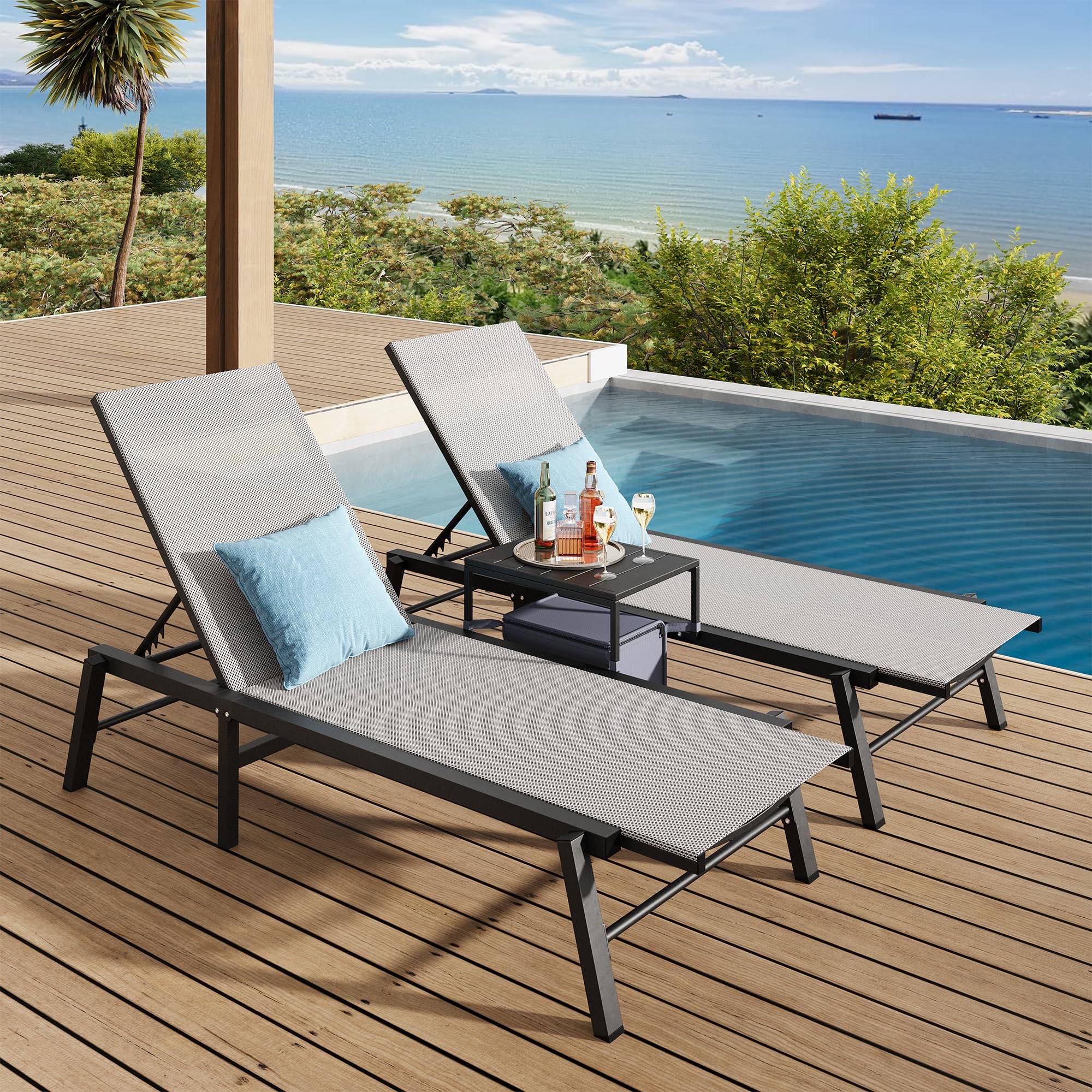 Outdoor Lounge Chair Set - 3 Pieces Aluminum Patio Chaise Chairs Set ...