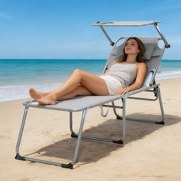 Outdoor Lounge Chair with Canopy,Patio Sun Tanning Chair,Pool Chair with Position Adjustable Backrest,Breathable Mesh Seat for Beach