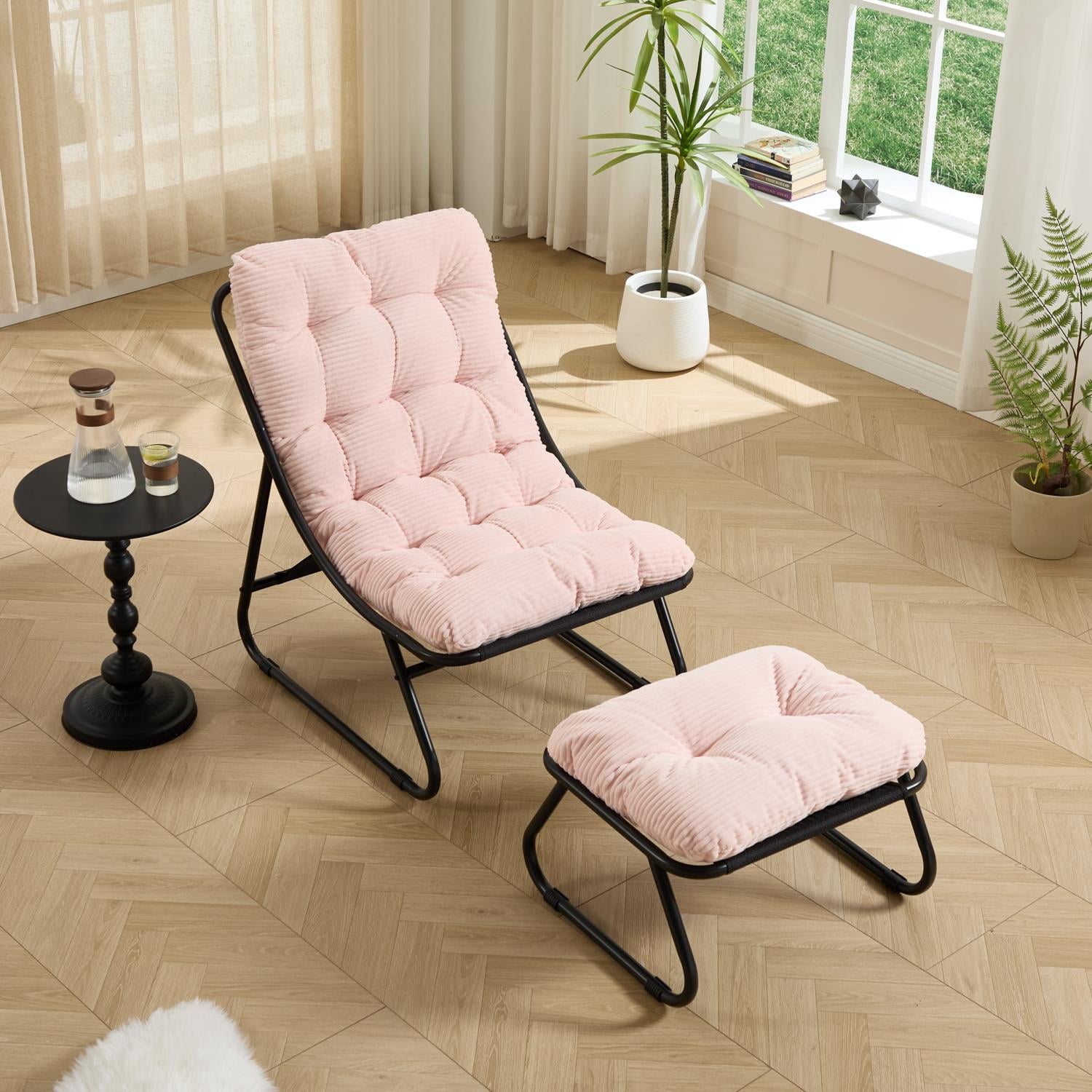 Outdoor Lounge Chair with Ottoman, Patio Sling Recliner with Puffy Cushion, Comfy Chaise Lounge with Foot Stool for Patio, Pool, Backyard, Black/Pink