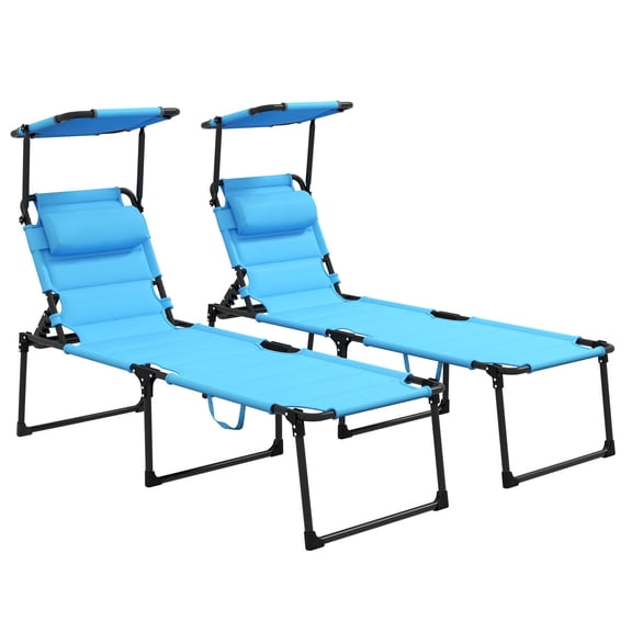 Outdoor Lounge Chairs 2 Pcs, Adjustable Backrest Folding Cushioned Chaise with Sunshade Roof & Pillow Headrest for Beach Camping Hiking, Sky Blue | Light Blue | Steel