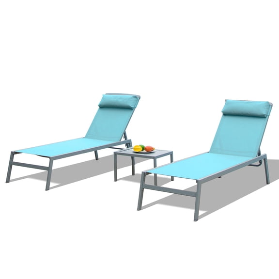 Outdoor Lounge Chairs 3-Piece Set, Textilene Adjustable Pool Chaise with Table for Poolside/Garden | Aluminum | Lake Blue