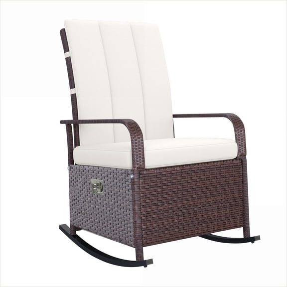 Outdoor Lounge Chairs | Modern PE Rattan Adjustable Rocking Recliner with Cushions, Beige, for Patio Garden Porch | Solid Back | Steel