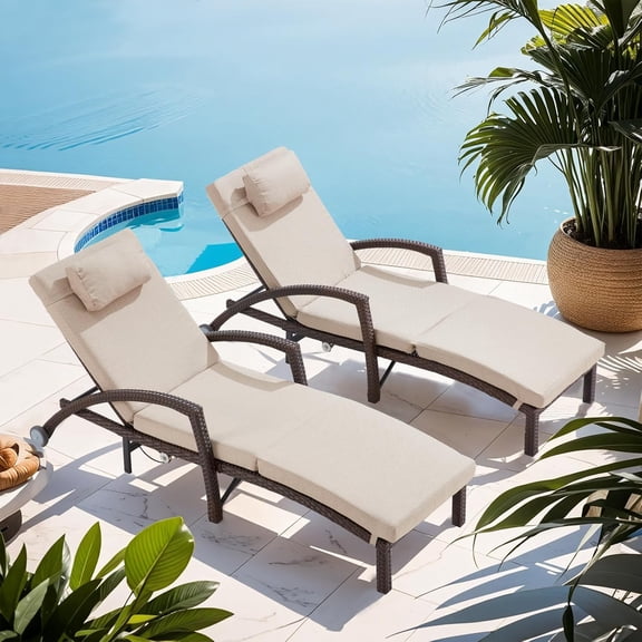 Outdoor Lounge Chairs Set of 2, Wicker Patio Pool Lounge Chair with Gas-Lift Adjustable Backrest, Comfy Outside Rattan Chaise Lounge w/Armrests, Pillow & Wheels for Backyard Deck, Beige