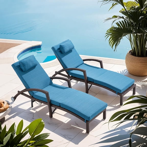 Outdoor Lounge Chairs Set of 2, Wicker Patio Pool Lounge Chair with Gas-Lift Adjustable Backrest, Comfy Outside Rattan Chaise Lounge w/Armrests, Pillow & Wheels for Backyard, Peacock Blue