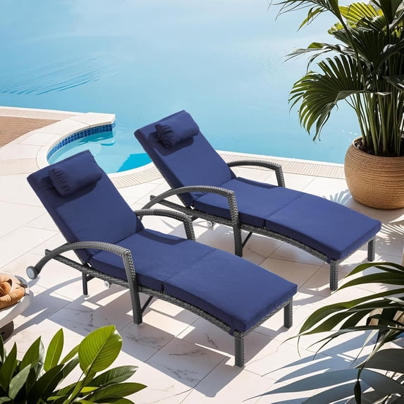 Outdoor Lounge Chairs Set of 2, Wicker Patio Pool Lounge Chair with Gas-Lift Adjustable Backrest, Outside Rattan Chaise Lounge w/Armrests, Pillow & Wheels for Backyard Deck, Dark Blue