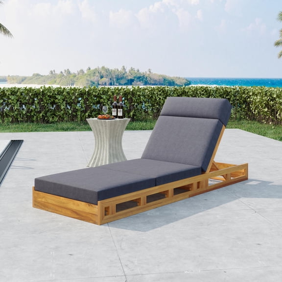 Outdoor Lounge Chaise with Adjustable Headrest, Acacia Wood & Dark Gray Water-Resistant Cushion | Pool/Terrace | Dark Gray | Acacia Wood