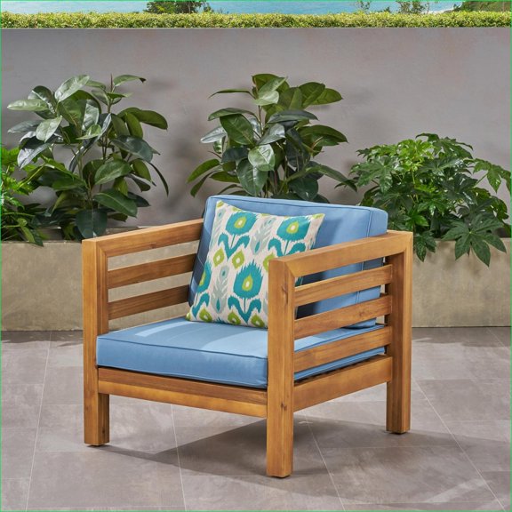 Outdoor Lounge Club Chair | Modern Rustic Sky Blue Cushion for Patio Garden Poolside | Acacia Wood | Solid Back