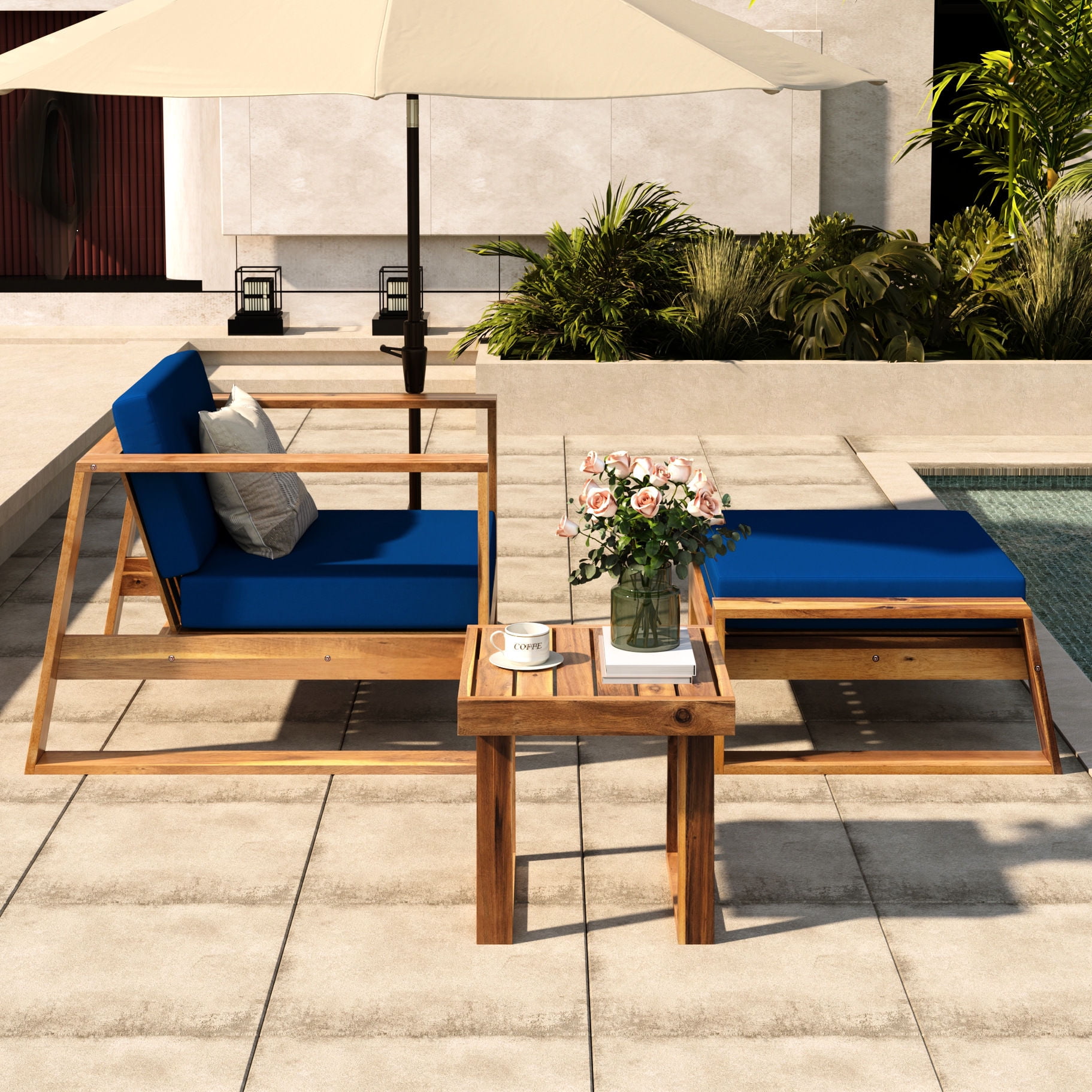 U_STYLE Acacia Wood Outdoor Lounge Set - Chair & Ottoman, Perfect for Patios, Balconies, and Gardens