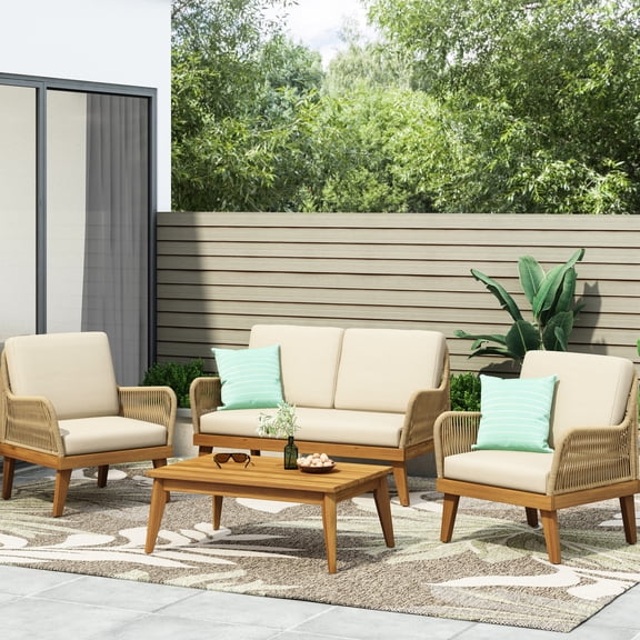 Outdoor Lounge Set with Loveseat, Coffee Table & Chairs | Ideal for Sunroom Hangouts | Solid Acacia Wood Frame | Cushions Easy to Wipe Clean