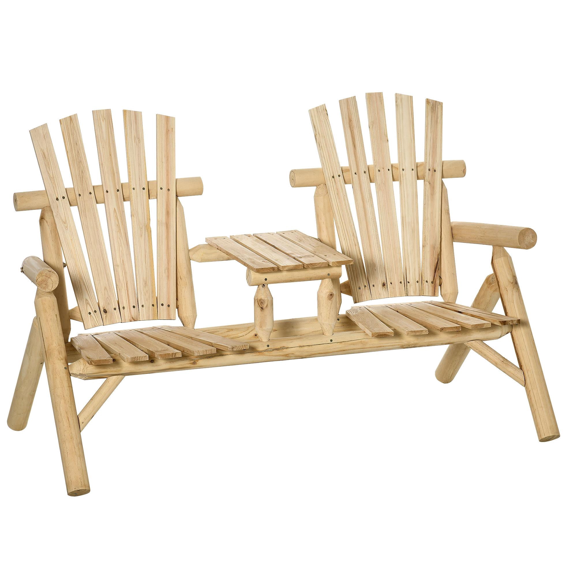Outdoor Loveseat Adirondack Chair, 2-Seat Wooden Bench with Table/Cupholder for Porch/Backyard/Fire Pit | Natural | Slat Back