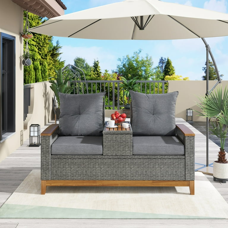 Outdoor Loveseat with Adjustable Backrest Patio Lounge Chair Set Rattan Reclining Chairs with Cushions Armrest with Storage Space Wicker Sofa Set