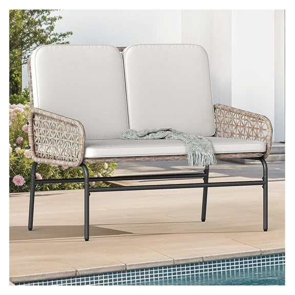 Outdoor Loveseat, All Weather Wicker Patio Sofa with Soft Cushions & High Back, Porch Furniture for Backyard, Balcony and Deck, Beige
