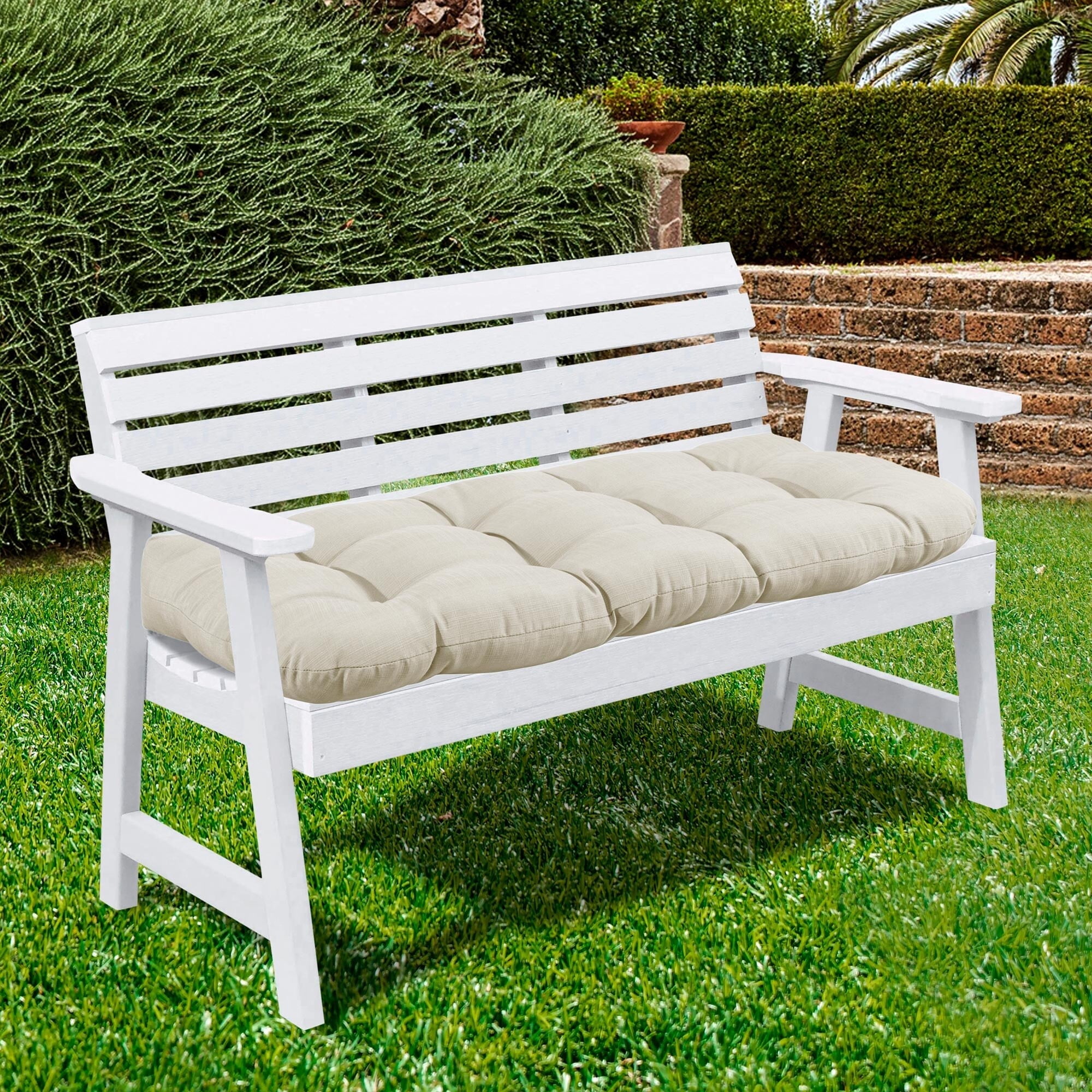 Cream Tufted Outdoor Loveseat Cushion with Polyester Fill