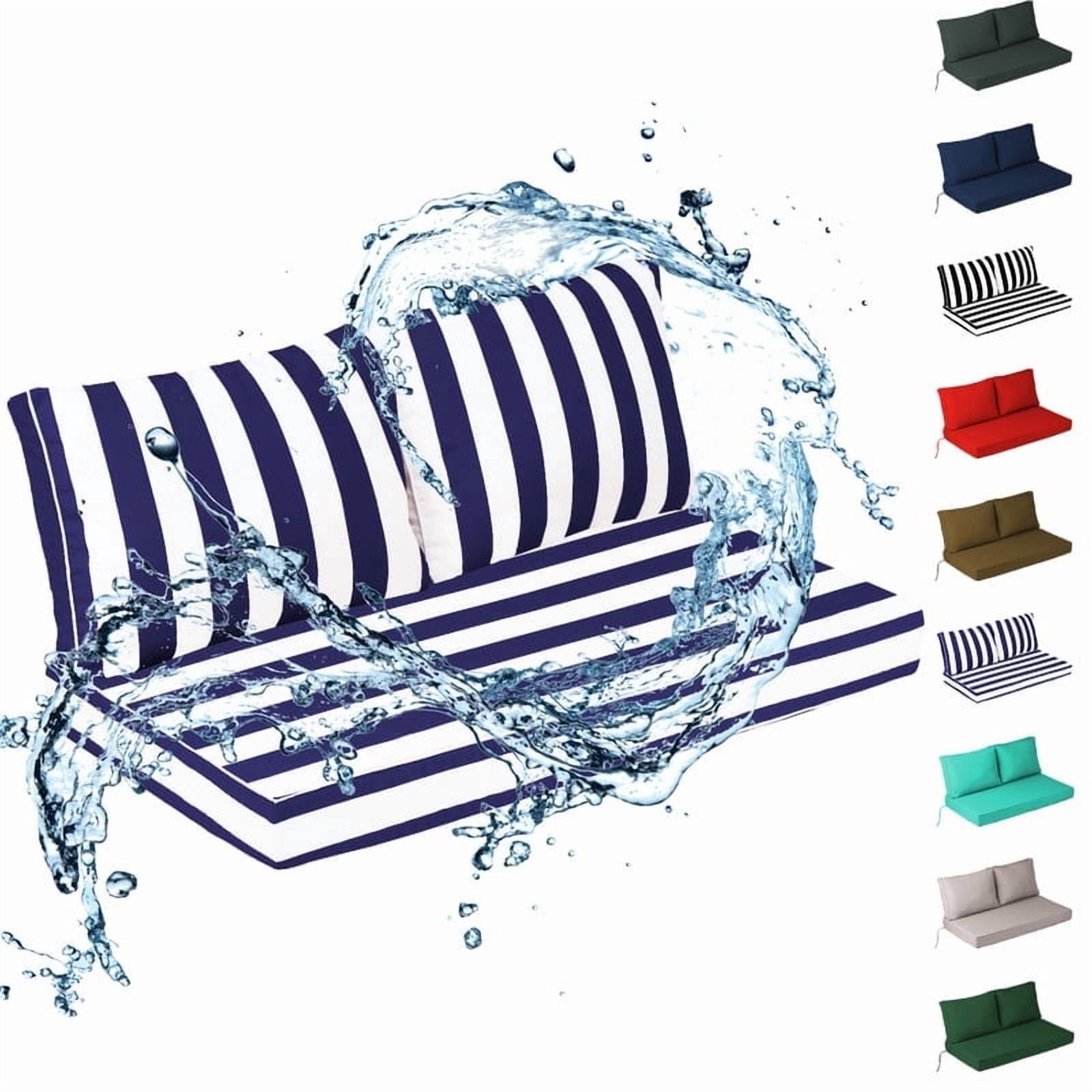 Outdoor Loveseat Cushion Set, 48" x 24" Waterproof Patio Furniture Cushions with Removable Cover, Ties and Hidden Zipper, Patio Love Seat Sofa Cushions（Blue white stripes）