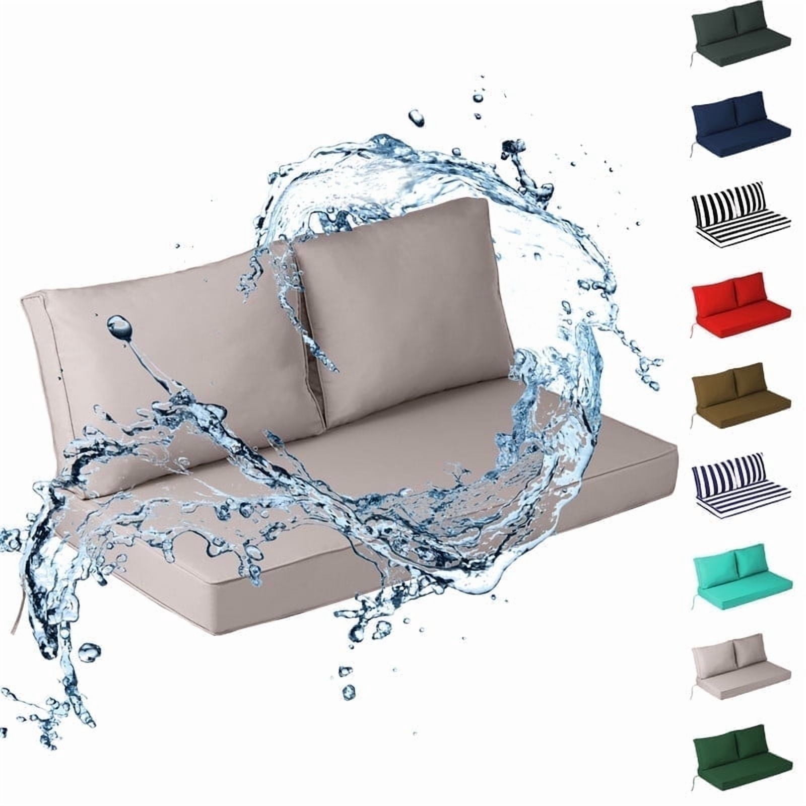Outdoor Loveseat Cushion Set, 48" x 24" Waterproof Patio Furniture Cushions with Removable Cover, Ties and Hidden Zipper, Patio Love Seat Sofa Cushions（Khaki）