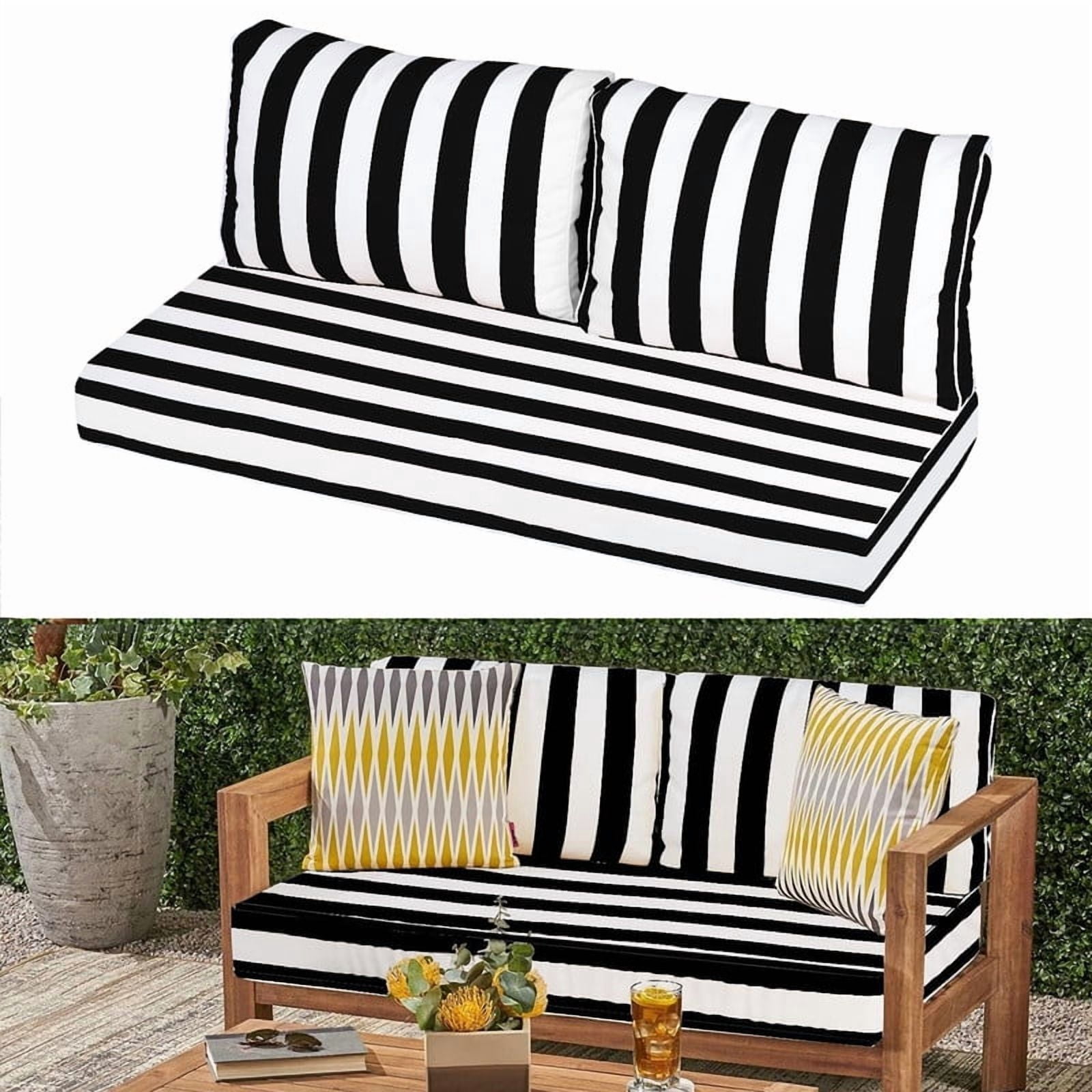 Outdoor Loveseat Cushion Set, Water Resistant chair cushion for patio furniture 48 x 24 inch, Outdoor Sofa replacement Cushions with Ties, Deep Seat Cushions（Black and white）