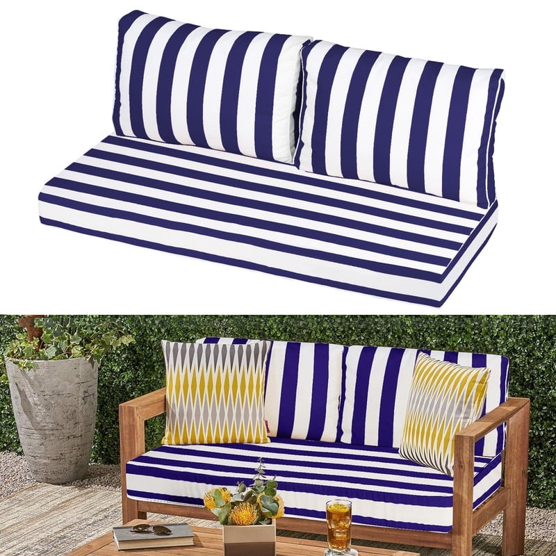 Outdoor Loveseat Cushion Set, Water Resistant chair cushion for patio furniture 48 x 24 inch, Outdoor Sofa replacement Cushions with Ties, Deep Seat Cushions（Blue and white）