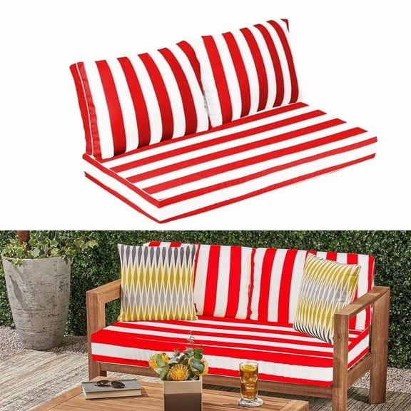 Outdoor Loveseat Cushion Set, Water Resistant chair cushion for patio furniture 48 x 24 inch, Outdoor Sofa replacement Cushions with Ties, Deep Seat Cushions(Red and white)