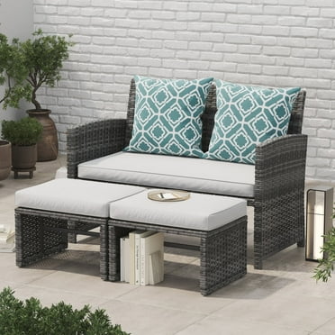 Outdoor Loveseat Patio Furniture Rattan Conversation Set, with Ottoman, Pillows Included, Grey Wicker, White Cushions
