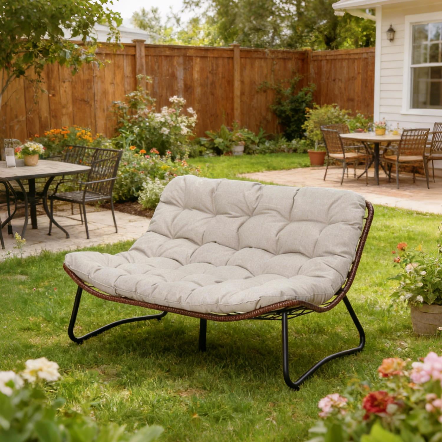 Outdoor Loveseat, Patio Wicker Loveseat, All-Weather Rattan Sofa with Thick Cushion, Rust-Proof Steel Frame, 50.8-Inch Width, Minimal Assembly for Garden Balcony Backyard Patio, Brown