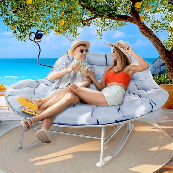 Outdoor Loveseat Rocking Chair with Thicken Cushion and Phone Holder for 2 Person for Garden Patio Yard (Aqua Blue)