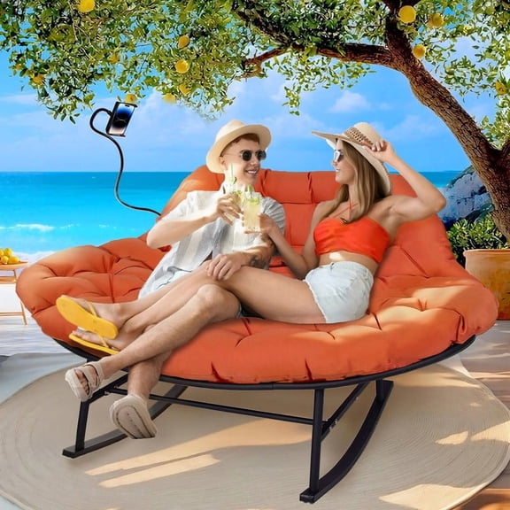 Outdoor Loveseat Rocking Chair with Thicken Cushion and Phone Holder for 2 Person for Garden Patio Yard (Orange)