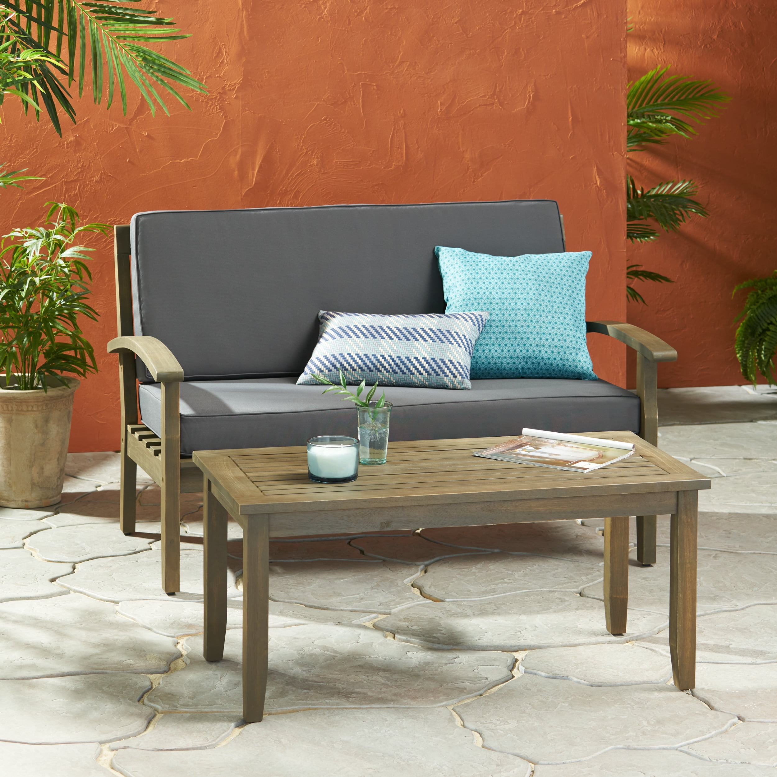 Outdoor Loveseat and Coffee Table Combined Leisure Set, Acacia Wood Frame Furniture for Patio Garden, Gray