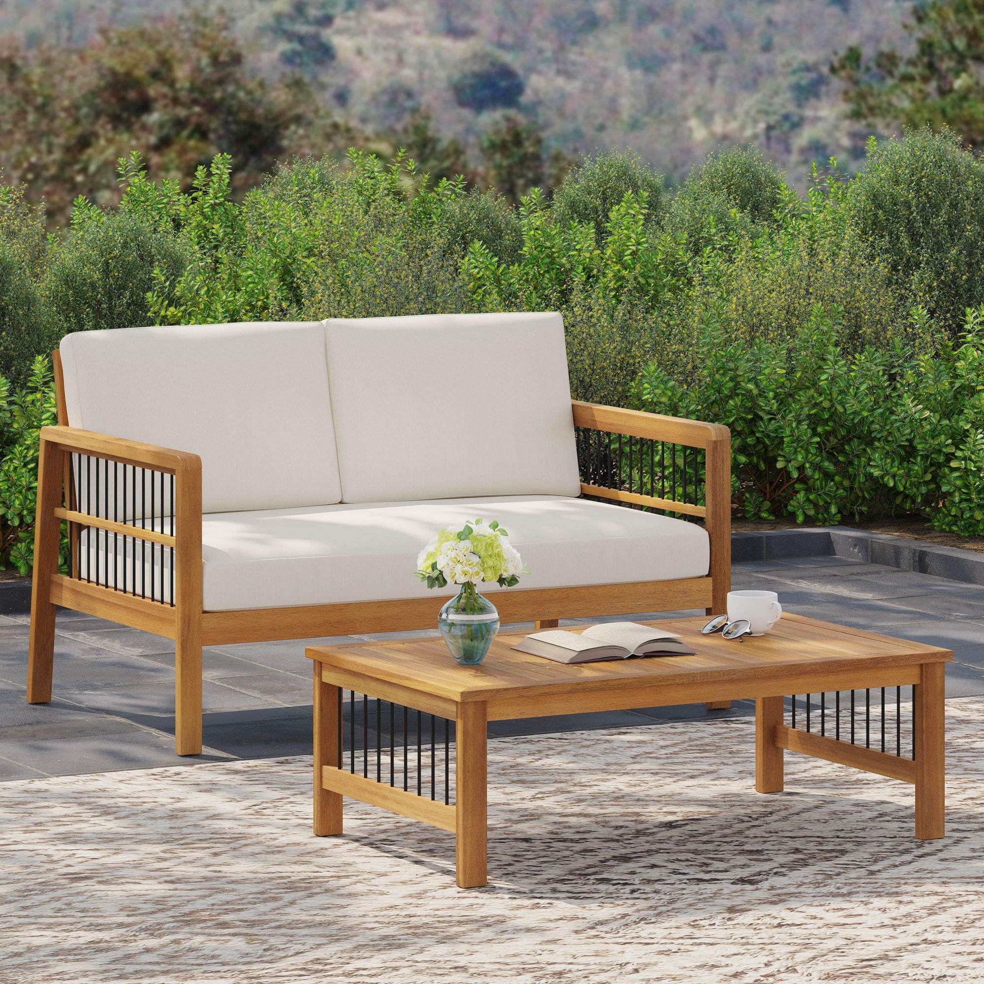 Outdoor Loveseat and Coffee Table Set with Acacia Wood and Cushions, Patio Furniture Set and Garden Seating with 3 Cushions, Teak Black Beige