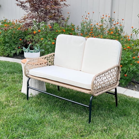 Outdoor  Loveseat with Cushion, All-Weather Wicker Rattan Conversation Sofa for Backyard Deck Balcony, Light Brown Beige