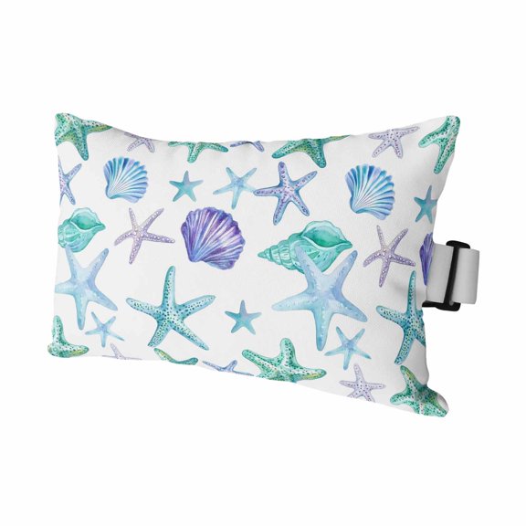 Outdoor Lumbar Pillow for Chaise Lounge Chair 1 Pack Ocean Coastal Headrest Pillow with Adjustable Strap Watercolor Teal Purple Starfish Shells Green Cushion for Patio Recliner Office Sofa 11x16in